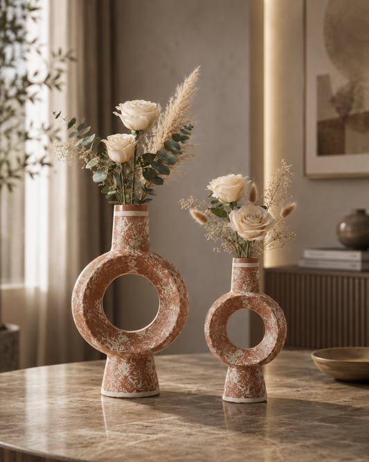 Rustic Brown Ceramic Ring Vase Set of 2