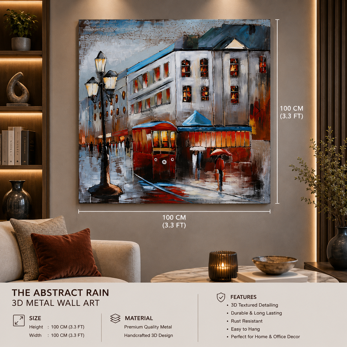 Abstract Rain City Tram 3D Metal Wall Art | Luxury Urban Cityscape Wall Decor