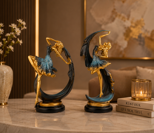 Dancing Ballerina Figurines Set of 2 | Luxury Gold, Teal & Black Ballet Decor