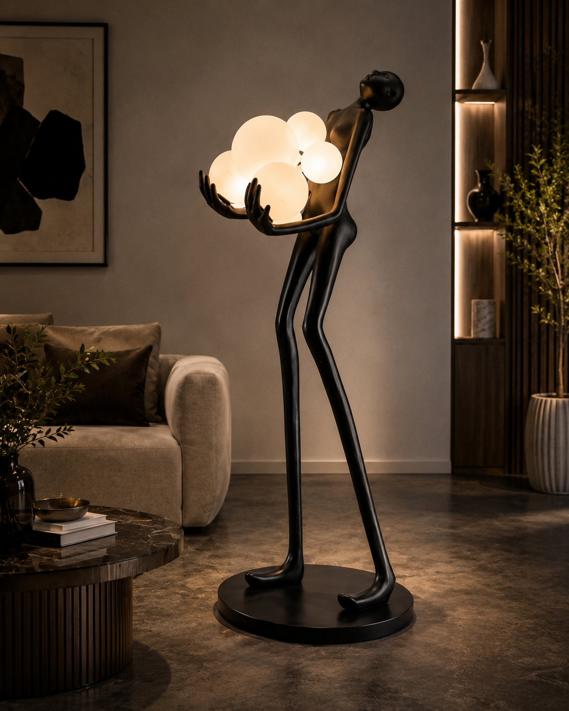 Sculptural Floor Lamp with Glowing Orb Lights – Modern Human Figure Statement Lamp