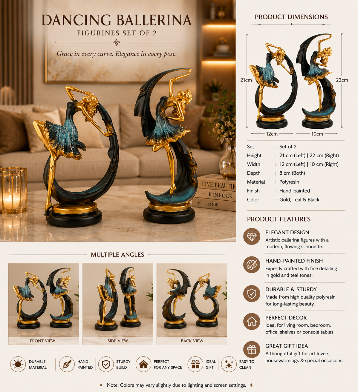 Dancing Ballerina Figurines Set of 2 | Luxury Gold, Teal & Black Ballet Decor