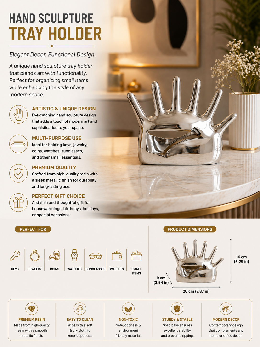 Luxury Hand Sculpture Tray Holder | Premium Resin Decorative Catchall Organizer for Keys, Jewelry & Essentials