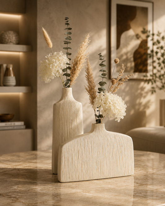 Textured Ivory Tabletop Vase Set of 2 – Modern Natural Elegance