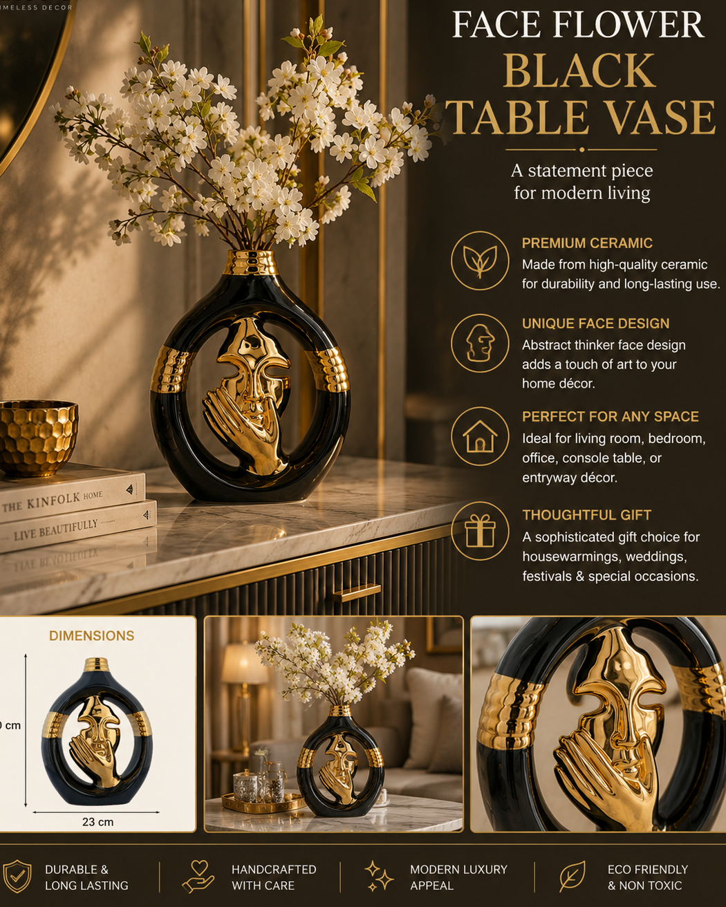 Face Flower Black Ceramic Table Vase – Gold Abstract Face Design