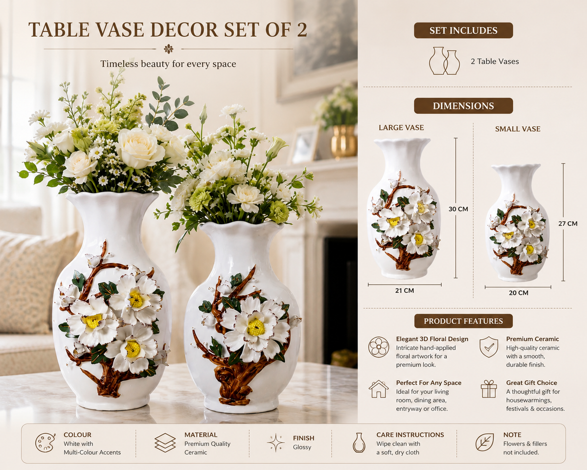 White Floral Ceramic Table Vase Decor Set of 2