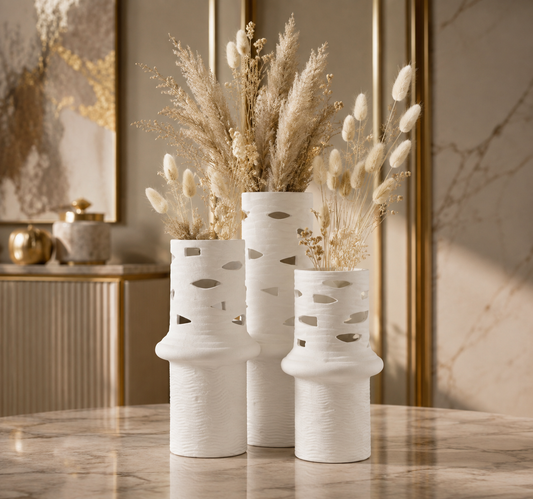 White Ceramic Flower Vase Set of 3 – Modern Cut-Out Design