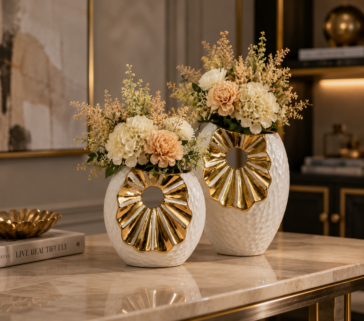 Gold Toned Ceramic Vase Set of 2 – Luxury Floral Decorative Vases