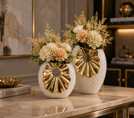 Gold Toned Ceramic Vase Set of 2 – Luxury Floral Decorative Vases
