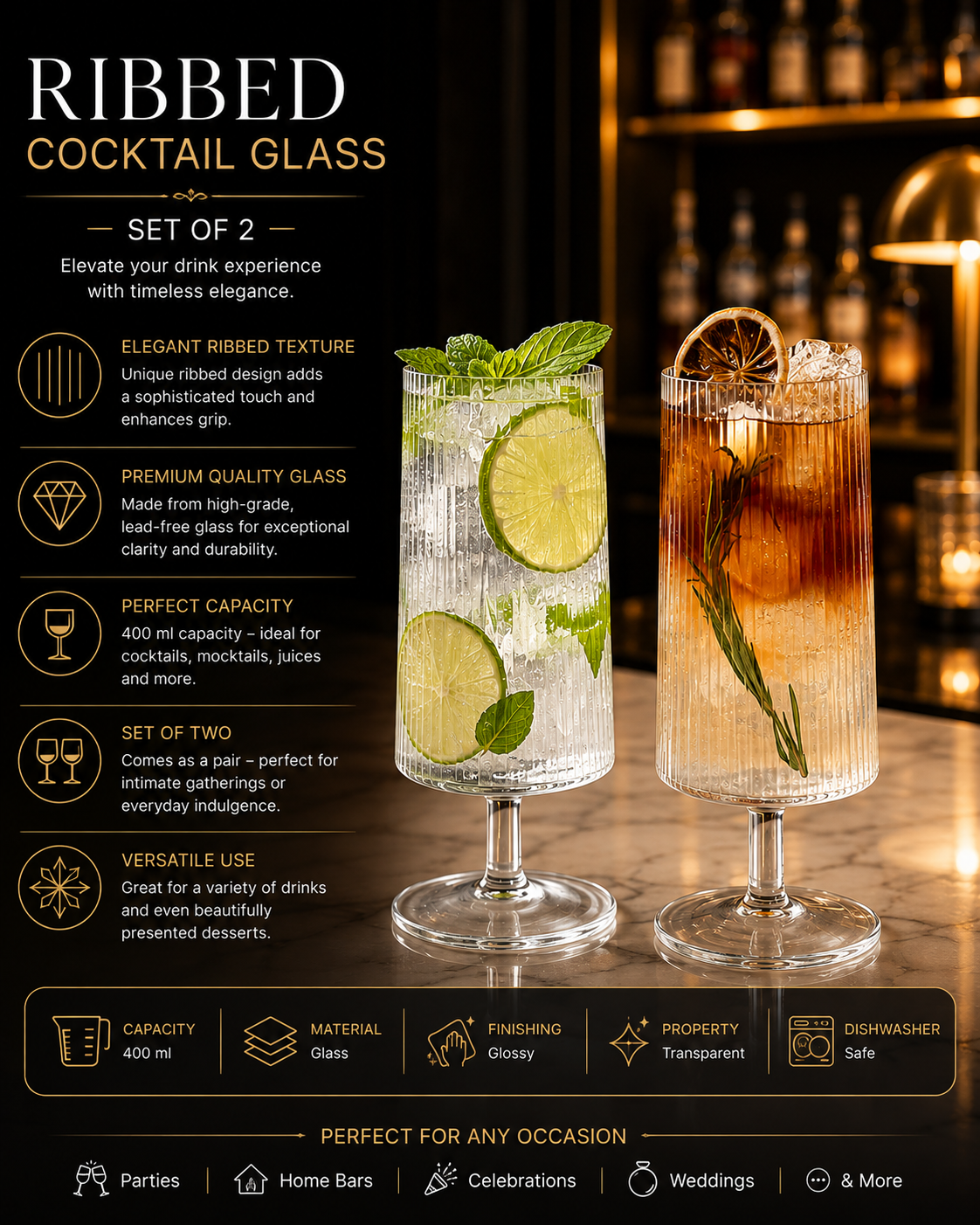 400 ml Ribbed Cocktail Glass – set of 2 - Elegant Textured Stem Glass for Cocktails & Beverages
