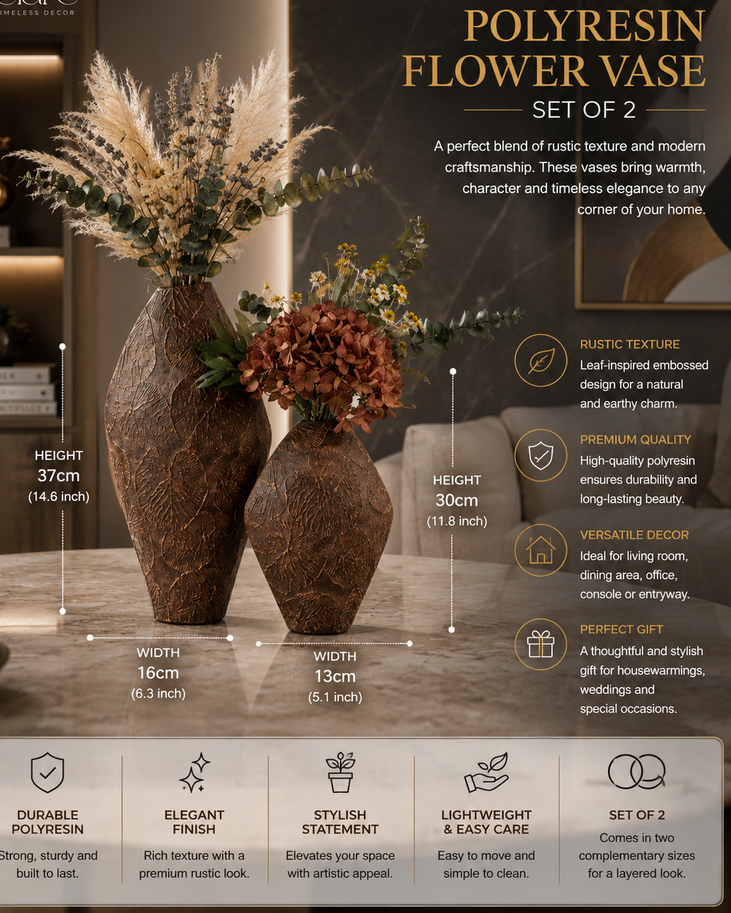 Rustic Embossed Brown Polyresin Flower Vase Set of 2