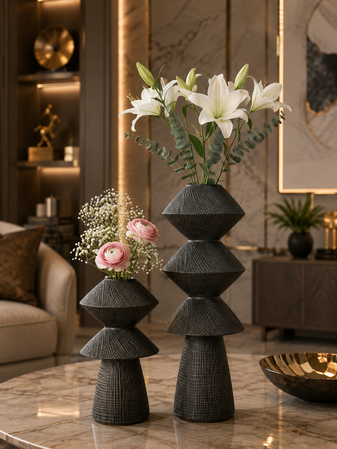 Sculptural Totem Black Polyresin Vase Set of 2