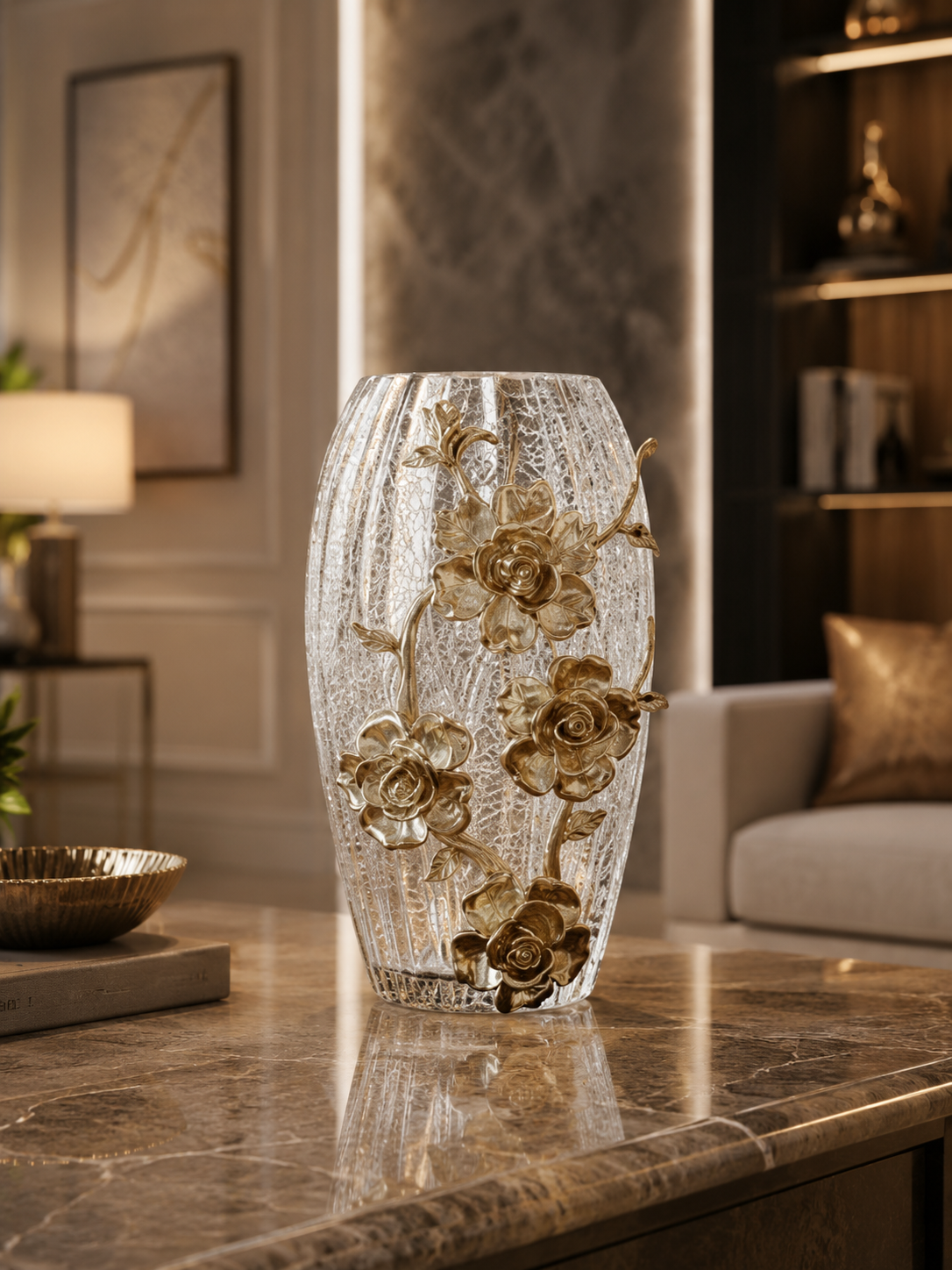 Luxury Gold Floral Crackle-Finish Polyresin Table Vase