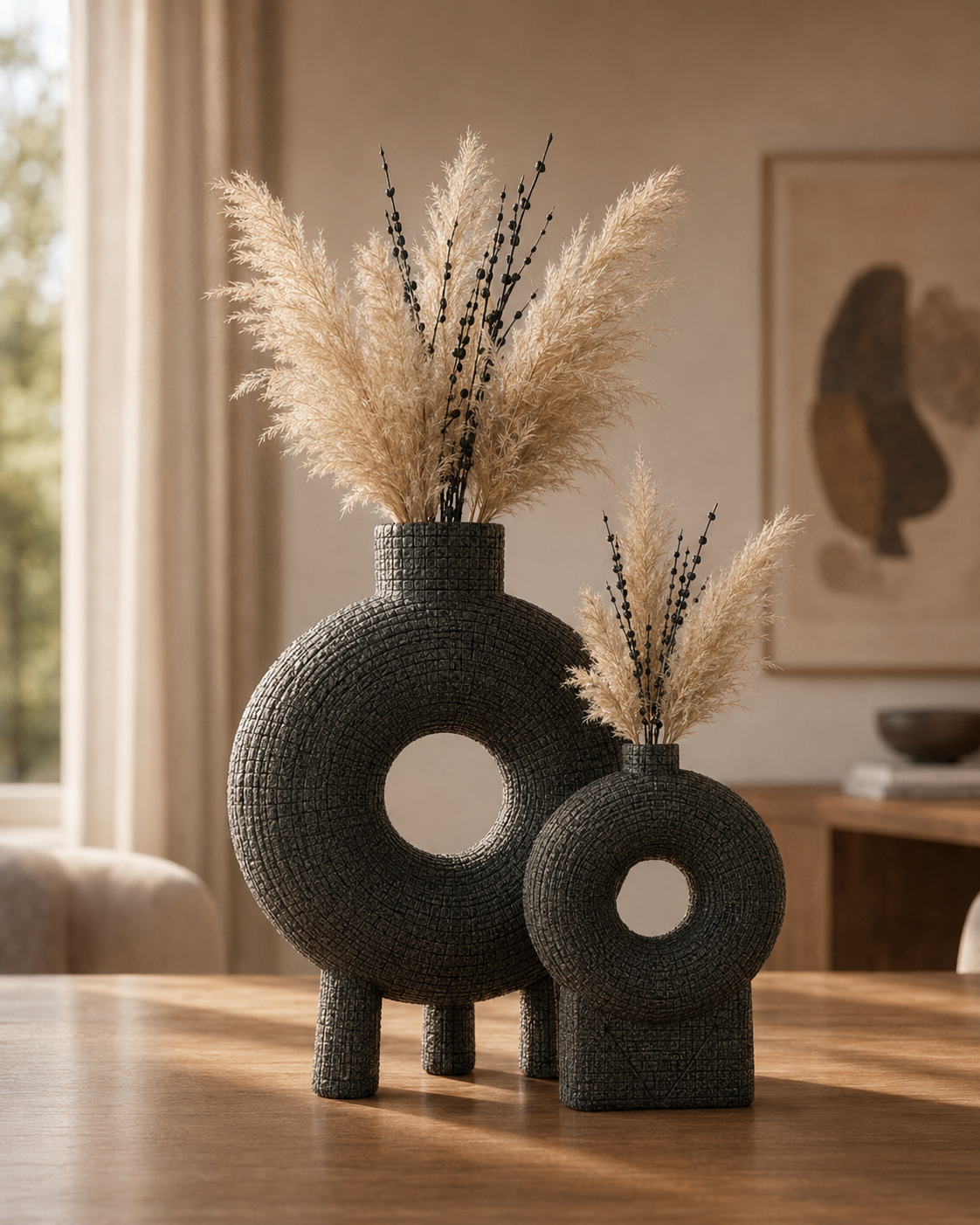 Donut Shape Textured Polyresin Vase Set of 2