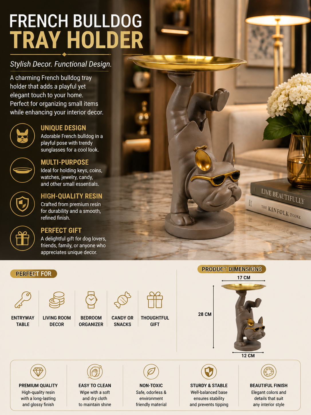 Luxury French Bulldog Tray Holder – Unique Sculptural Decorative Organizer