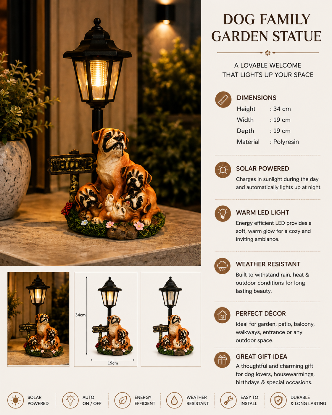 Dog Family Solar Garden Statue | Premium Polyresin Dog Family with Warm LED Light