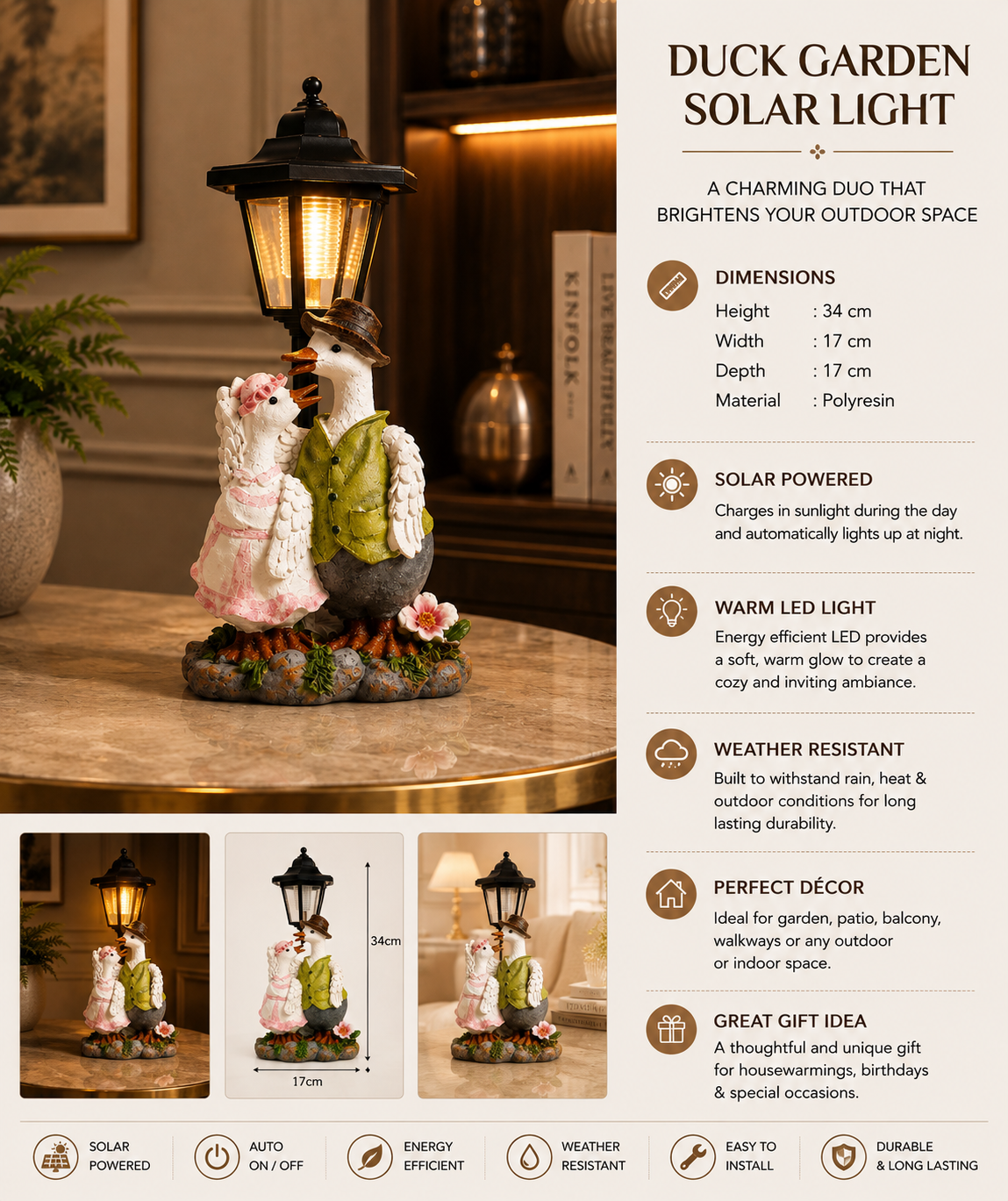 Duck Couple Solar Garden Light | Premium Polyresin Outdoor Garden Statue with Warm LED