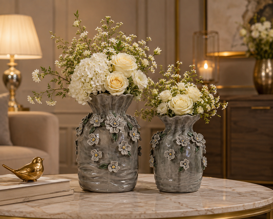 Grey Floral Ceramic Table Vase Set of 2