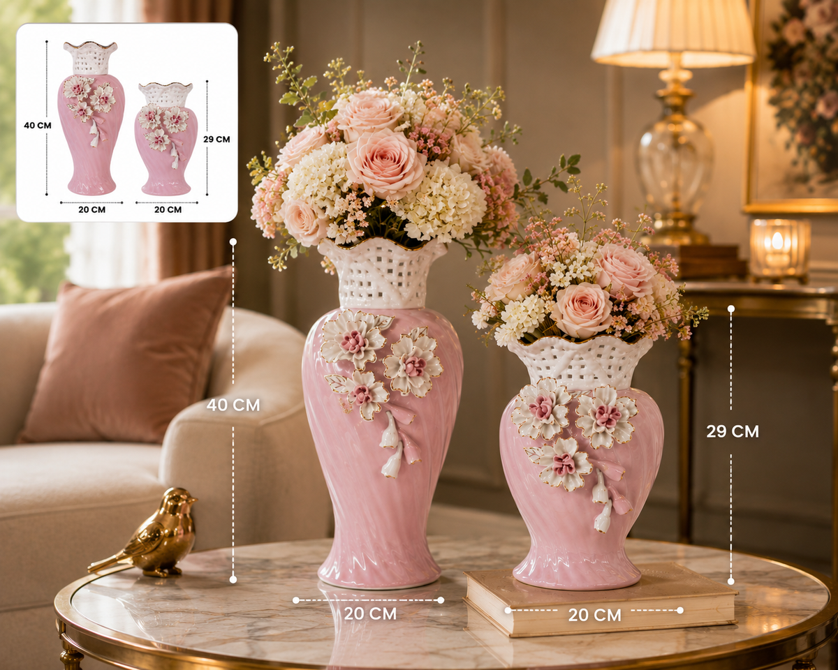 Pink Floral Ceramic Table Vase Set of 2