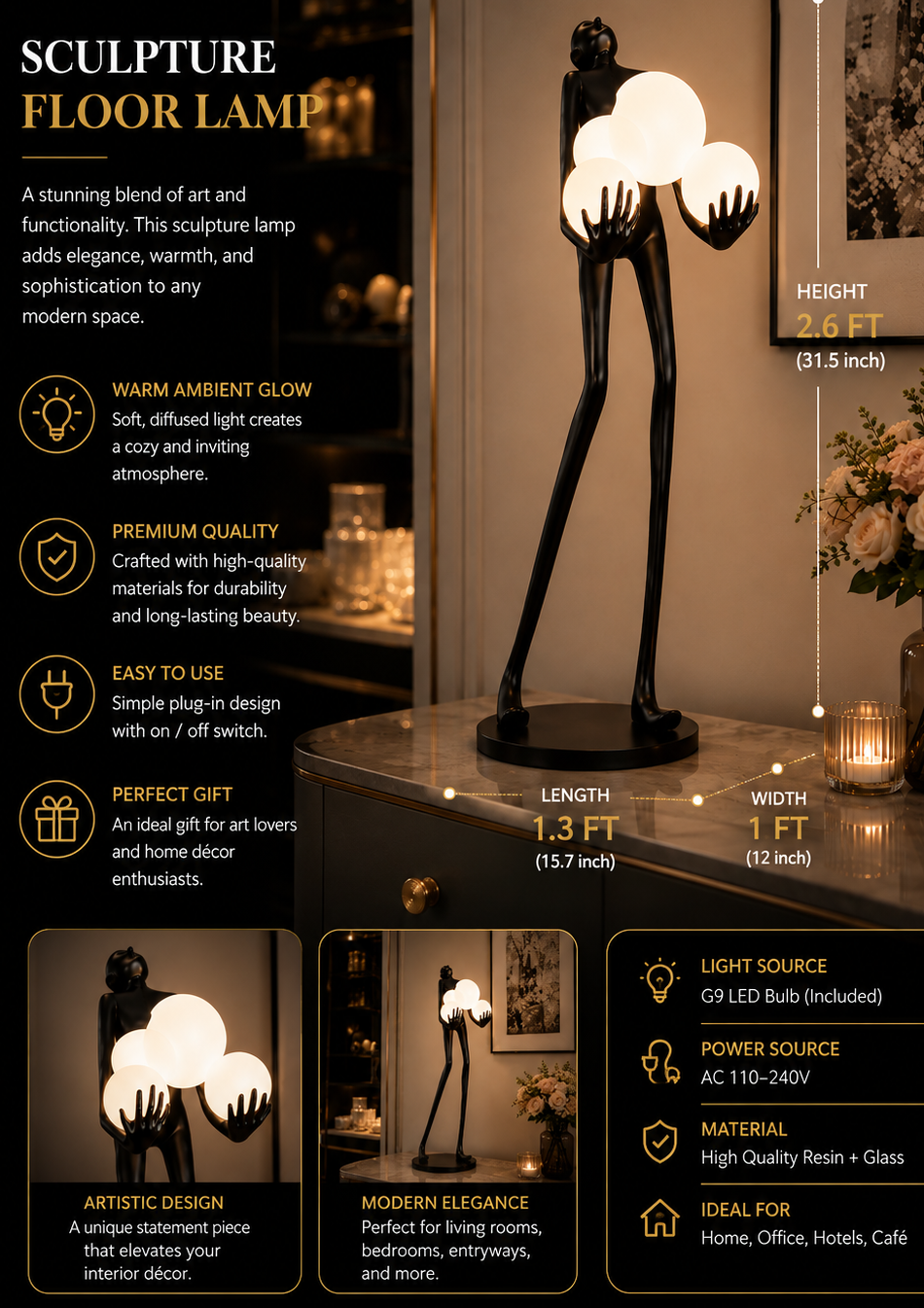 Sculptural Human Figure Floor Lamp – Modern Artistic Statement Light