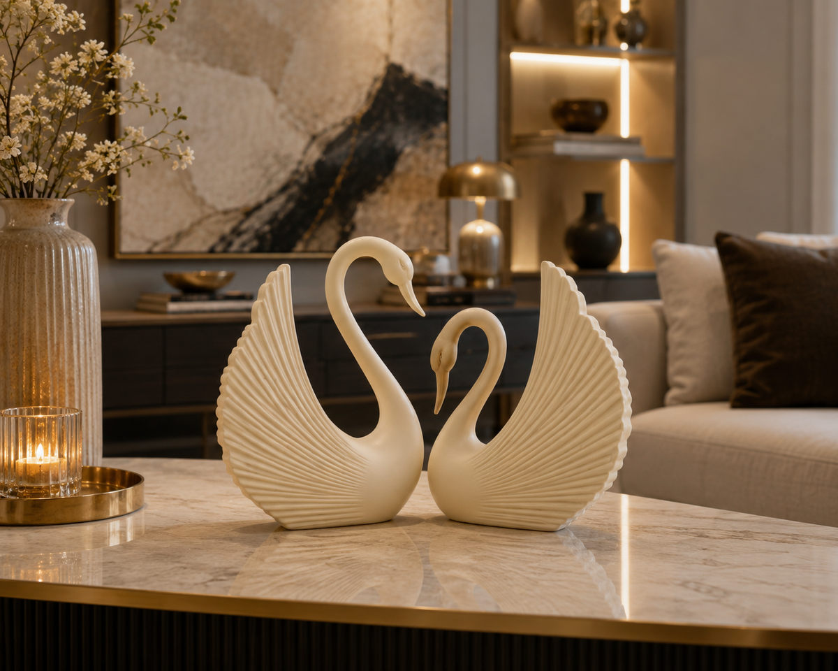 Swan Pair Showpiece Set of 2 | Elegant Premium Polyresin Swan Figurines for Home Décor