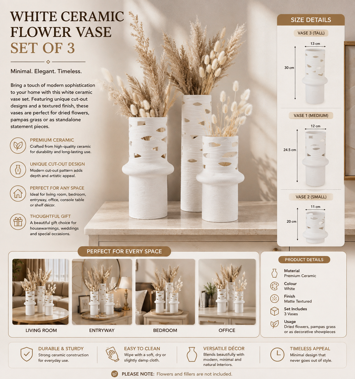White Ceramic Flower Vase Set of 3 – Modern Cut-Out Design