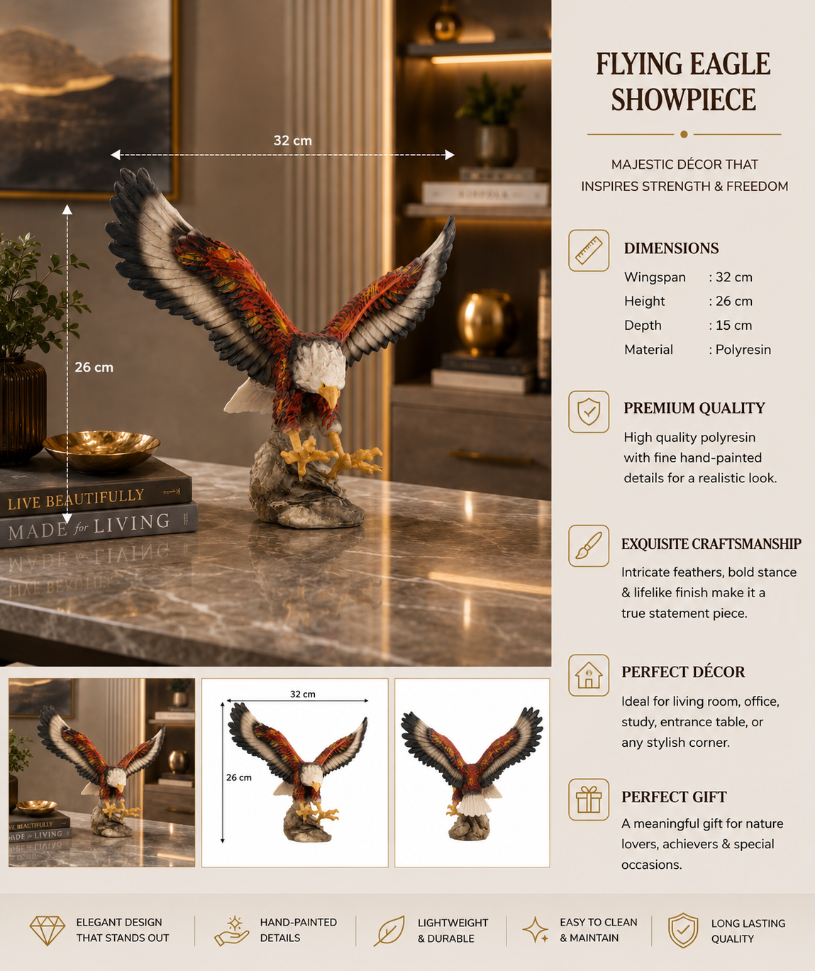 Flying Eagle Showpiece | Premium Hand-Painted Polyresin Eagle Sculpture for Home & Office Décor