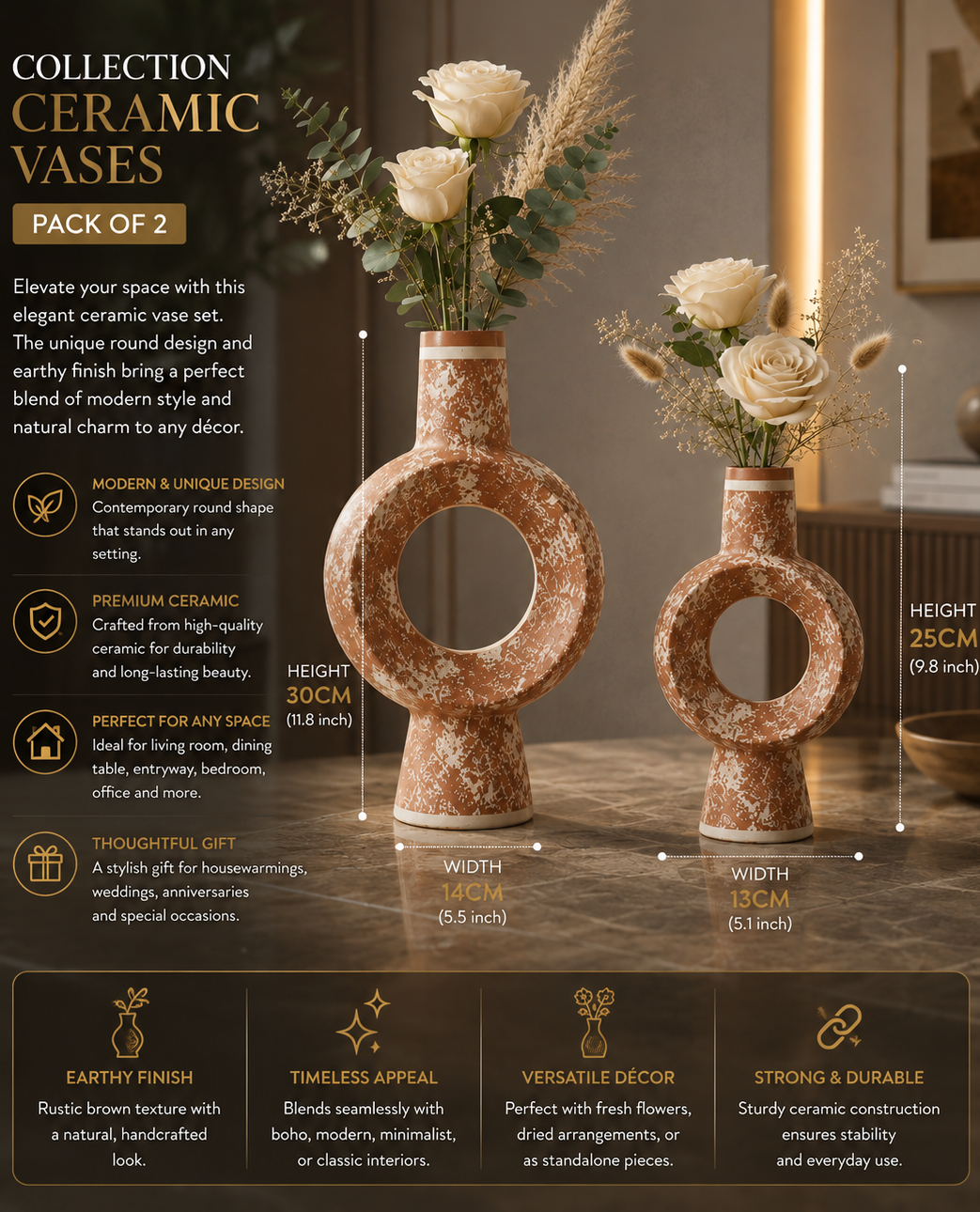 Rustic Brown Ceramic Ring Vase Set of 2