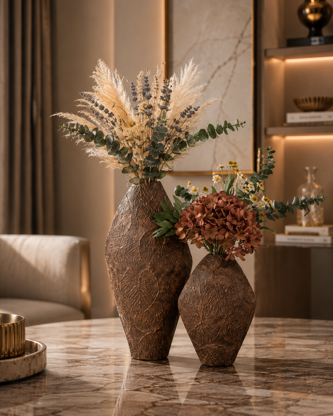 Rustic Embossed Brown Polyresin Flower Vase Set of 2