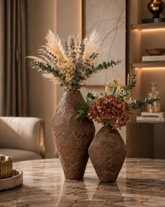 Rustic Embossed Brown Polyresin Flower Vase Set of 2