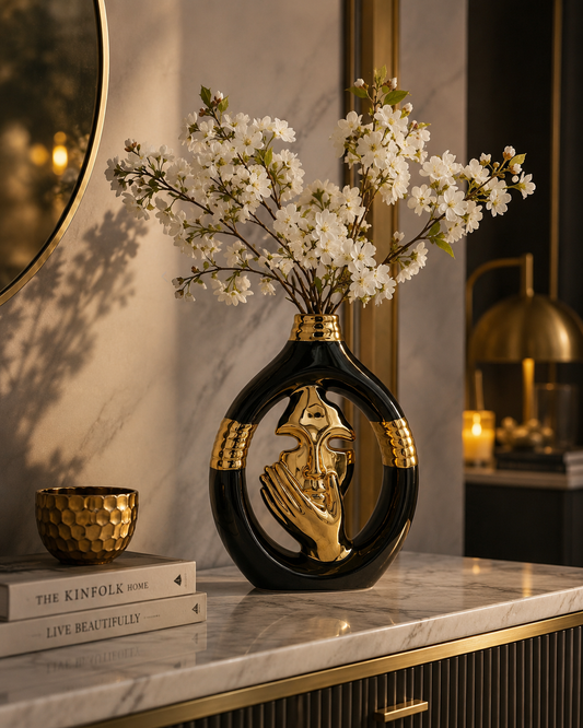 Face Flower Black Ceramic Table Vase – Gold Abstract Face Design