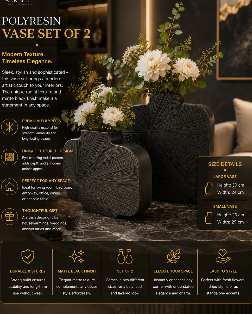 Sculptural Matte Black Polyresin Vase Set of 2 – Radial Texture Statement Décor