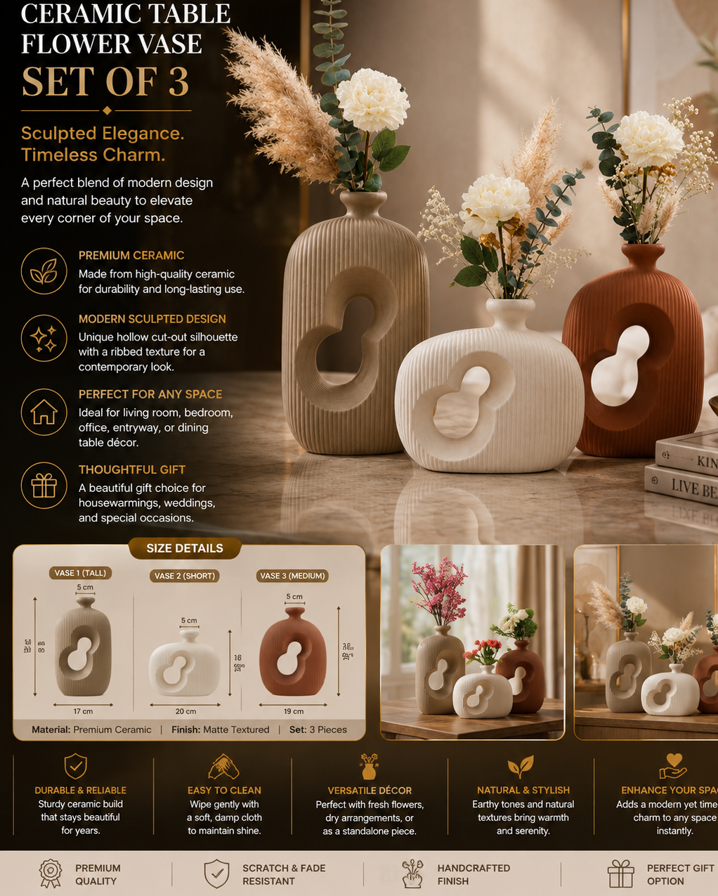 Ceramic Table Flower Vase Set of 3 – Sculpted Hollow Design Decorative Vases