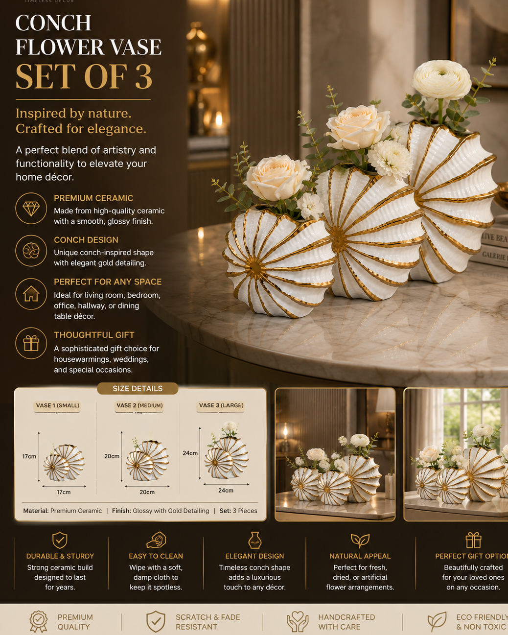 Conch Flower Ceramic Vase Set of 3 – White & Gold Shell-Inspired Decorative Vases