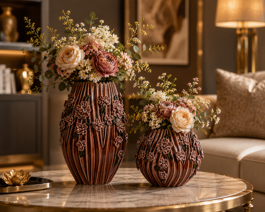 Brown Ribbed Floral Ceramic Table Vase Set of 2
