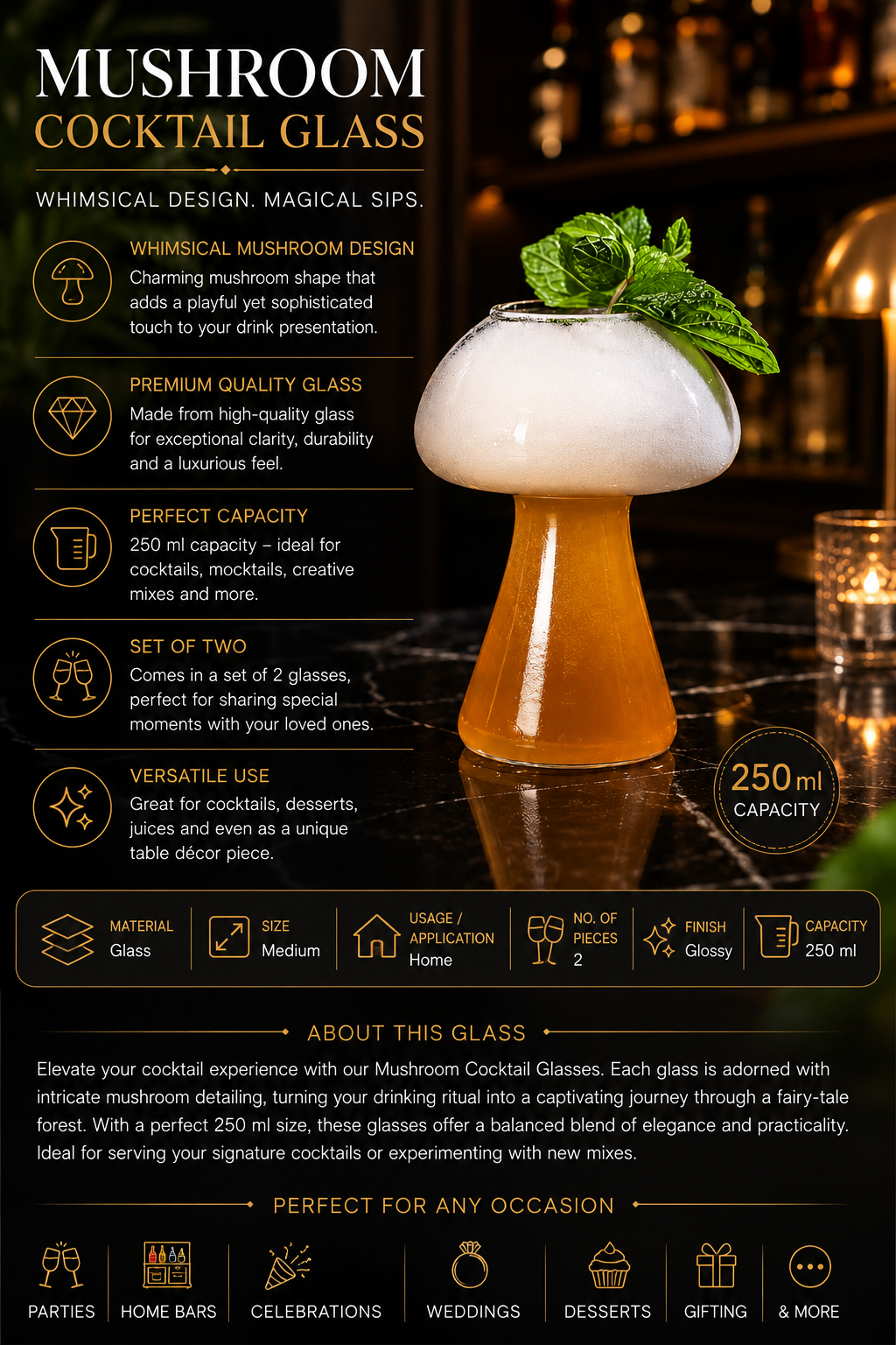 Luxury Mushroom Cocktail Glasses – 250 ML Set of 2