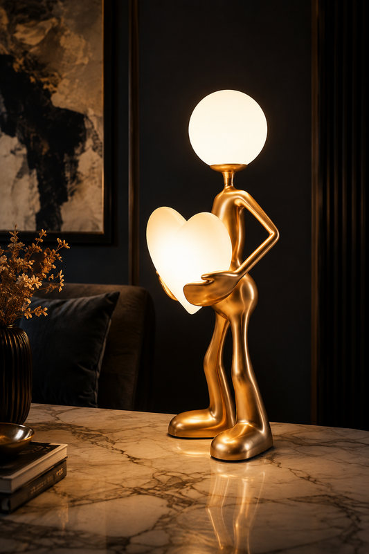 Golden Sculptural Table Lamp with Glowing Heart & Orb Light – Artistic Statement Lamp