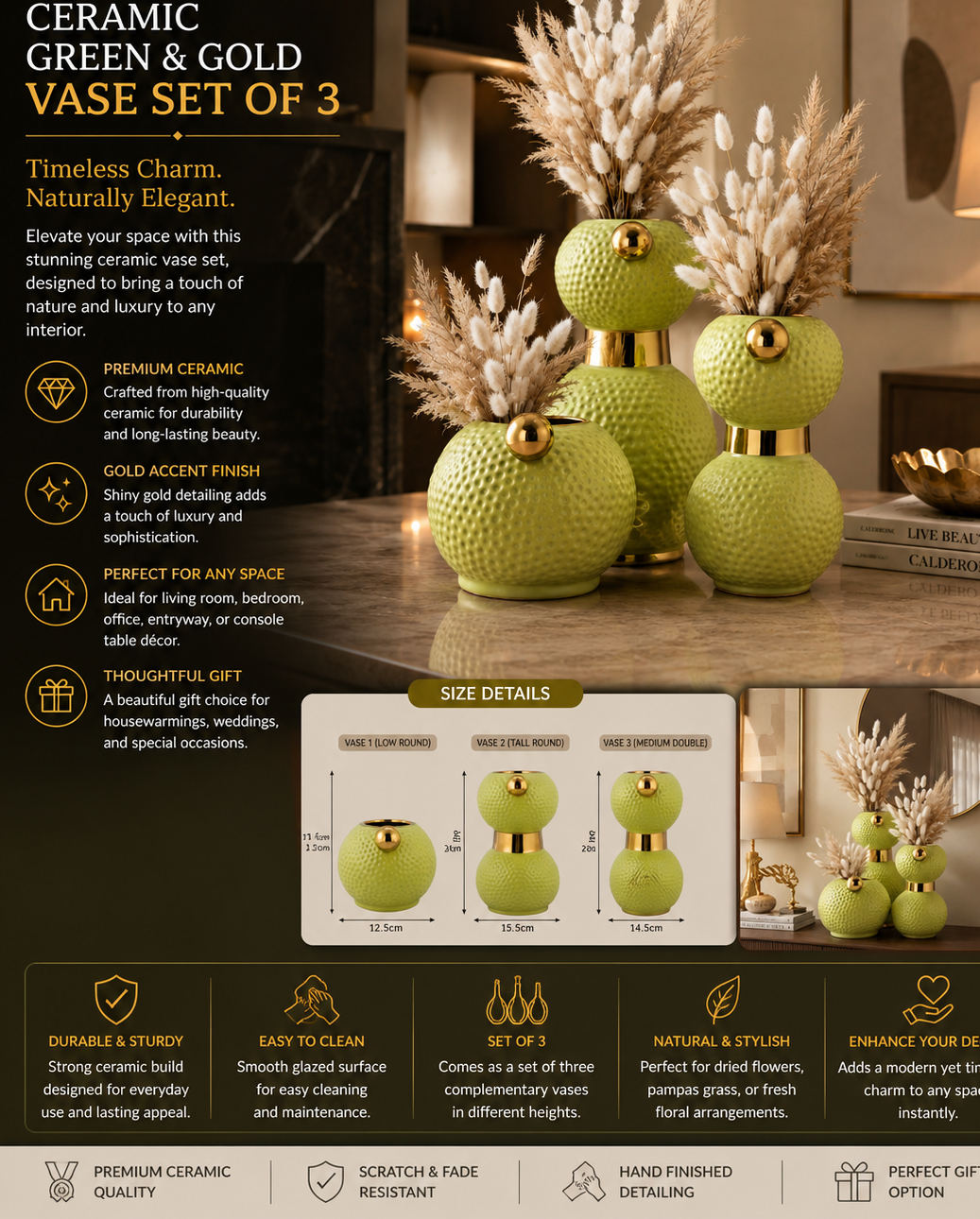 Ceramic Green & Gold Vase Set of 3 – Textured Luxury Decorative Vases