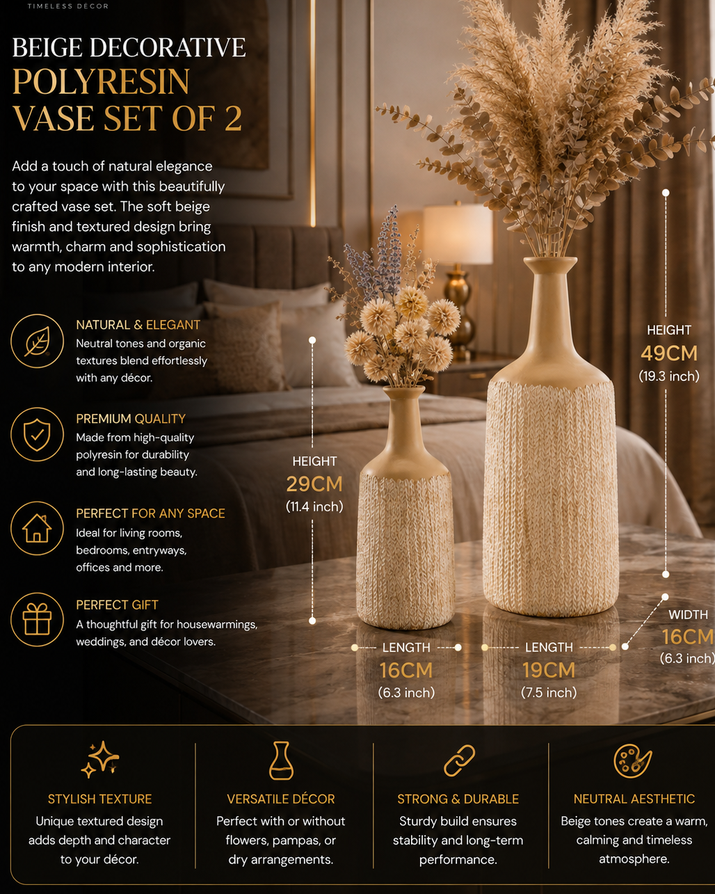 Beige Textured Polyresin Decorative Vase Set of 2 – Modern Luxury Home Décor