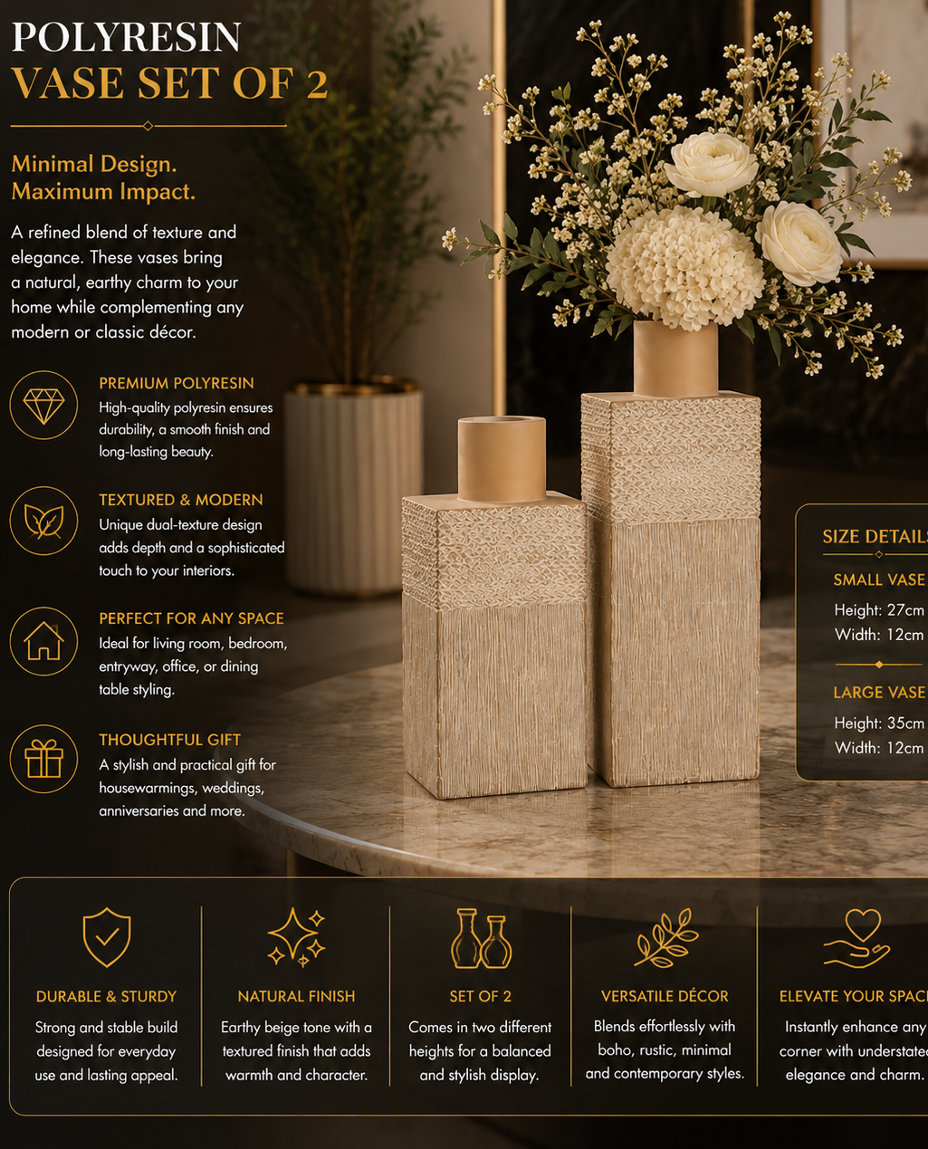 Textured Beige Polyresin Vase Set of 2 – Modern Statement Décor