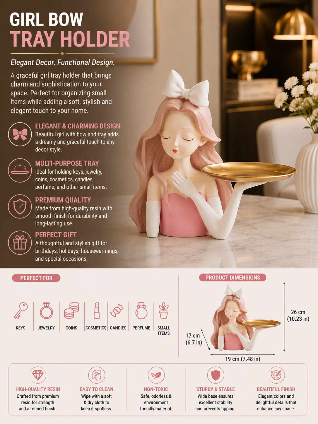 Luxury Girl Bow Tray Holder | Elegant Female Sculpture Decorative Organizer & Premium Home Décor