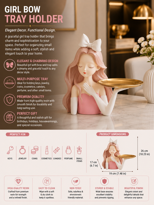 Luxury Girl Bow Tray Holder | Elegant Female Sculpture Decorative Organizer & Premium Home Décor