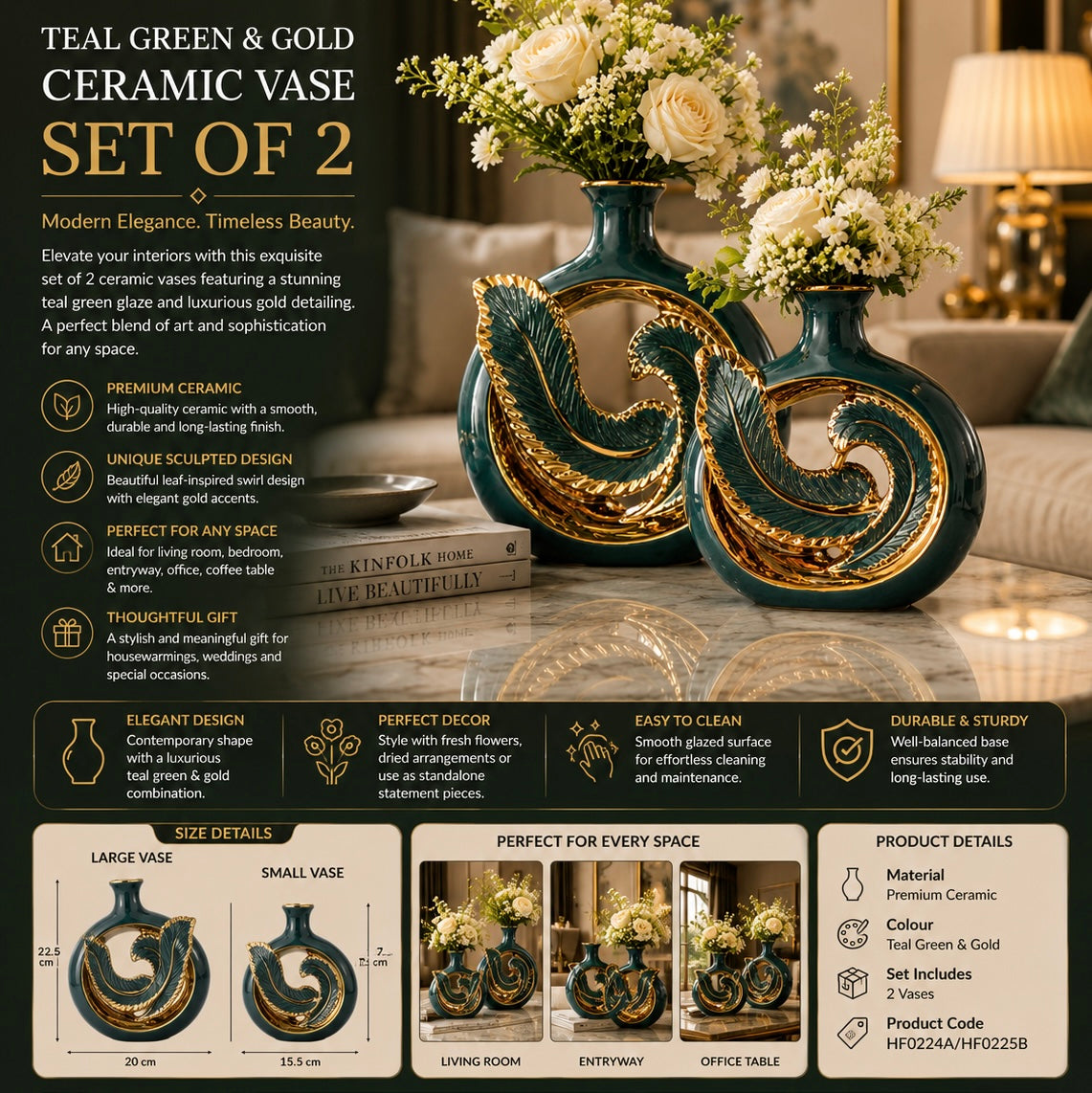 Teal Green & Gold Ceramic Table Vase Set of 2