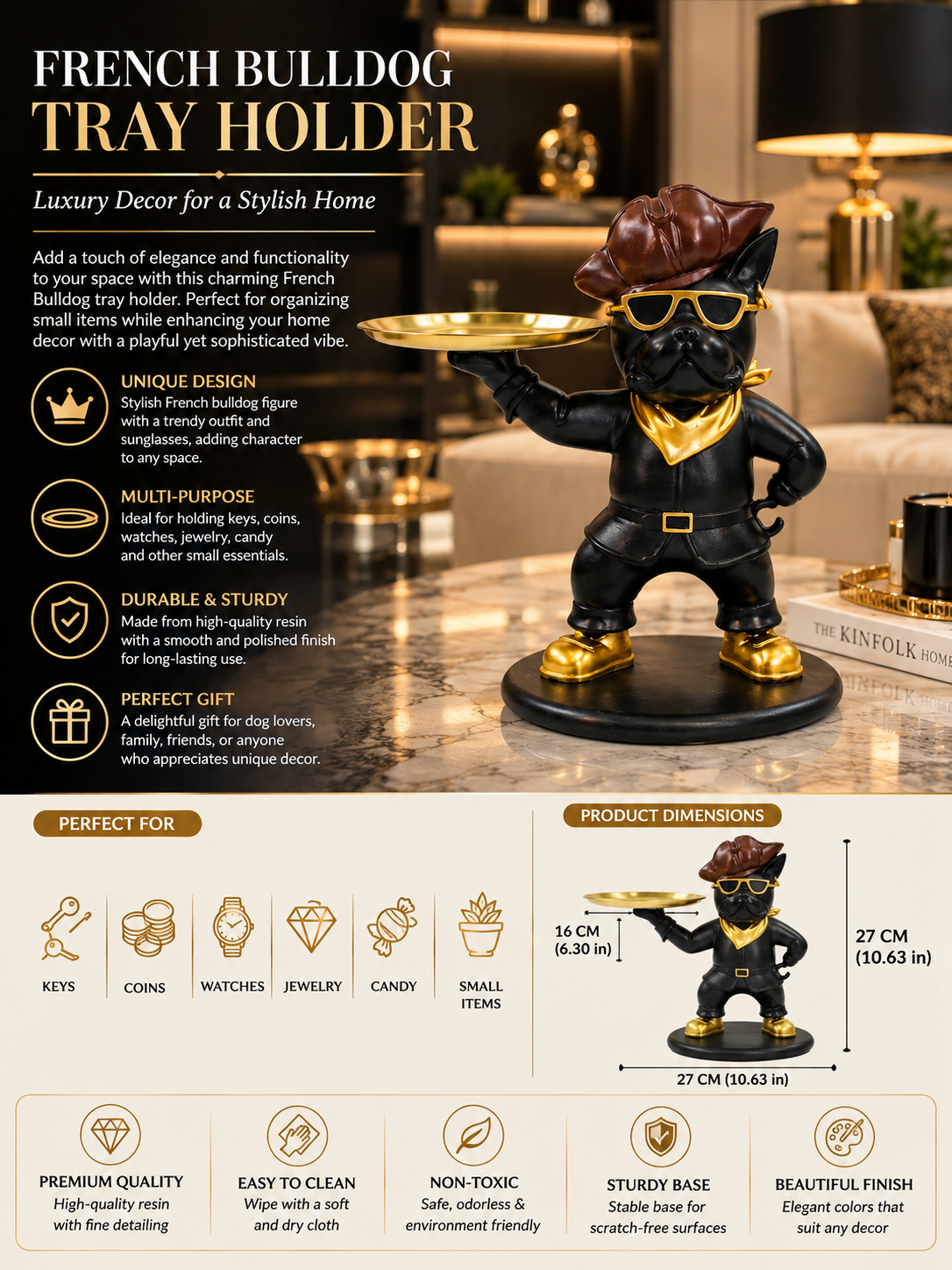 French Bulldog Tray Holder – Luxury Decorative Figurine with Gold Tray