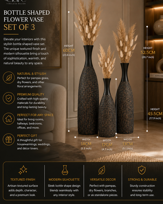 Black Textured Bottle-Shaped Decorative Vase Set of 3