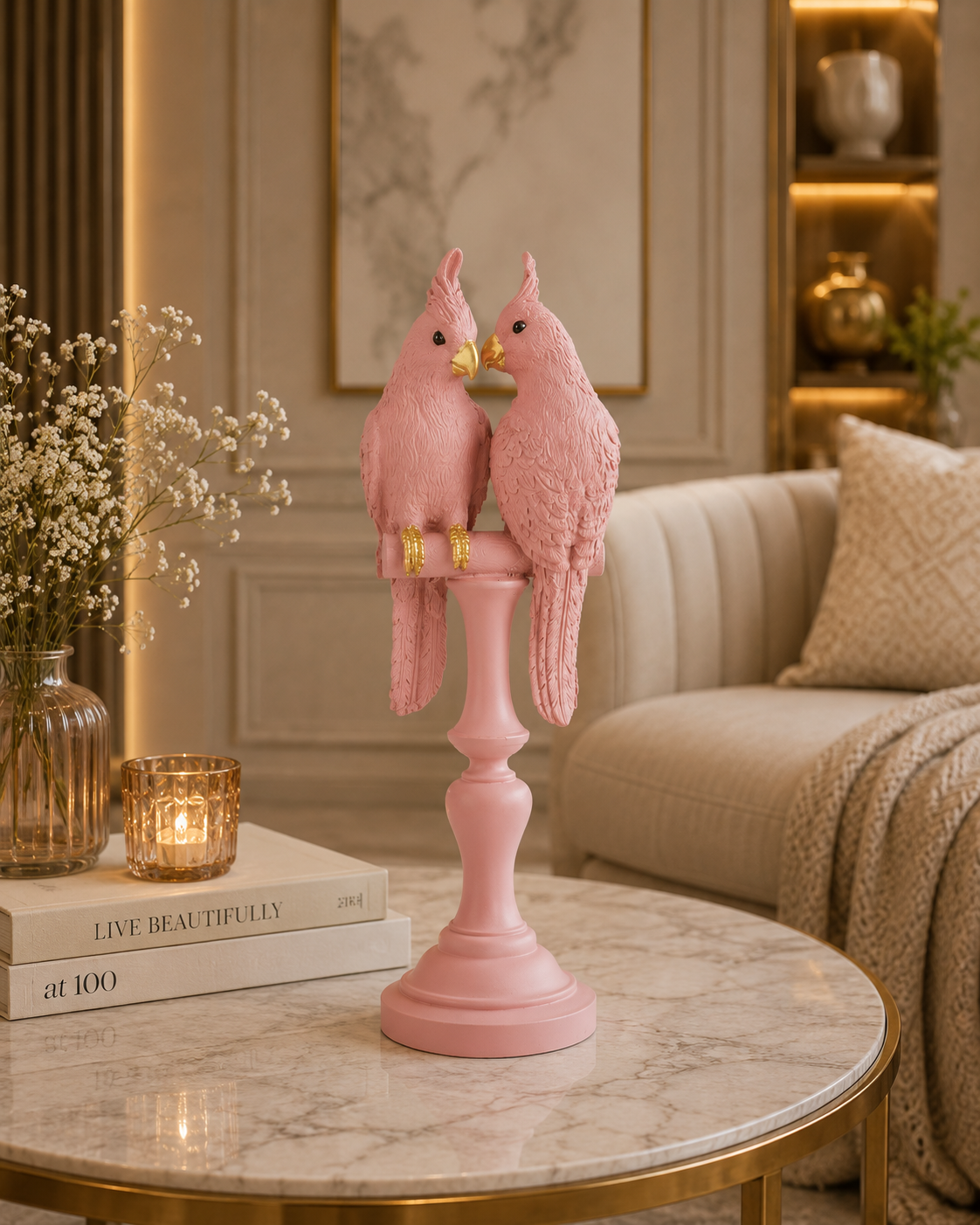 Pink Parrot Couple Showpiece | Premium Polyresin Bird Figurine for Home & Office Décor