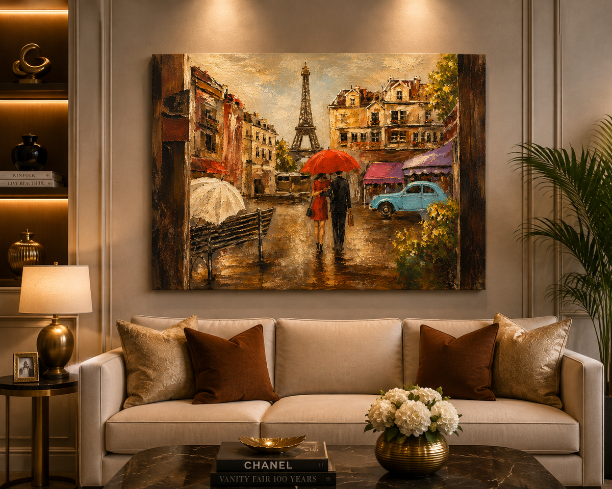 Street View of Paris Canvas Wall Art | Luxury Eiffel Tower Parisian Cityscape Decor