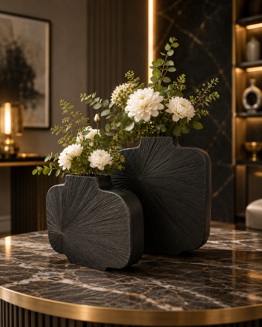 Sculptural Matte Black Polyresin Vase Set of 2 – Radial Texture Statement Décor