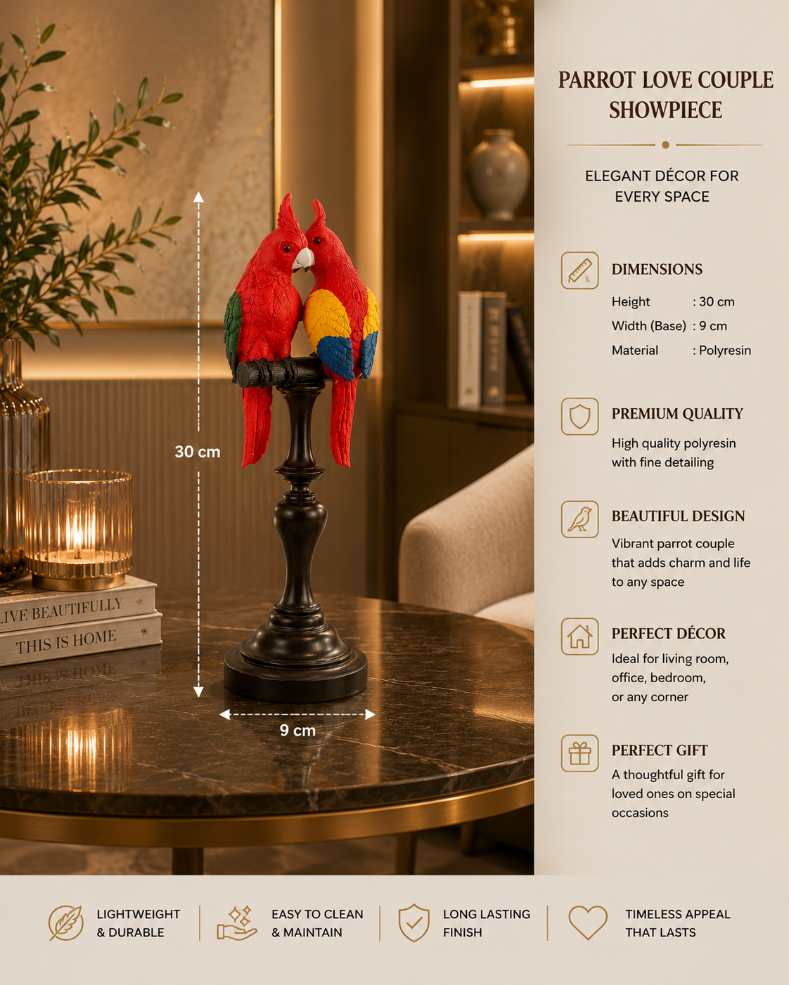 Parrot Love Couple Showpiece | Premium Polyresin Bird Figurine for Home & Office Décor