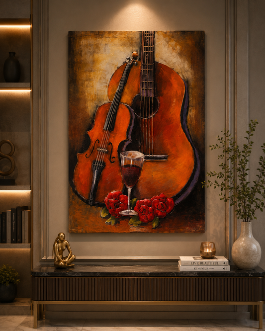 Guitar, Wine & Roses 3D Metal Wall Art | Luxury Music-Inspired Wall Decor