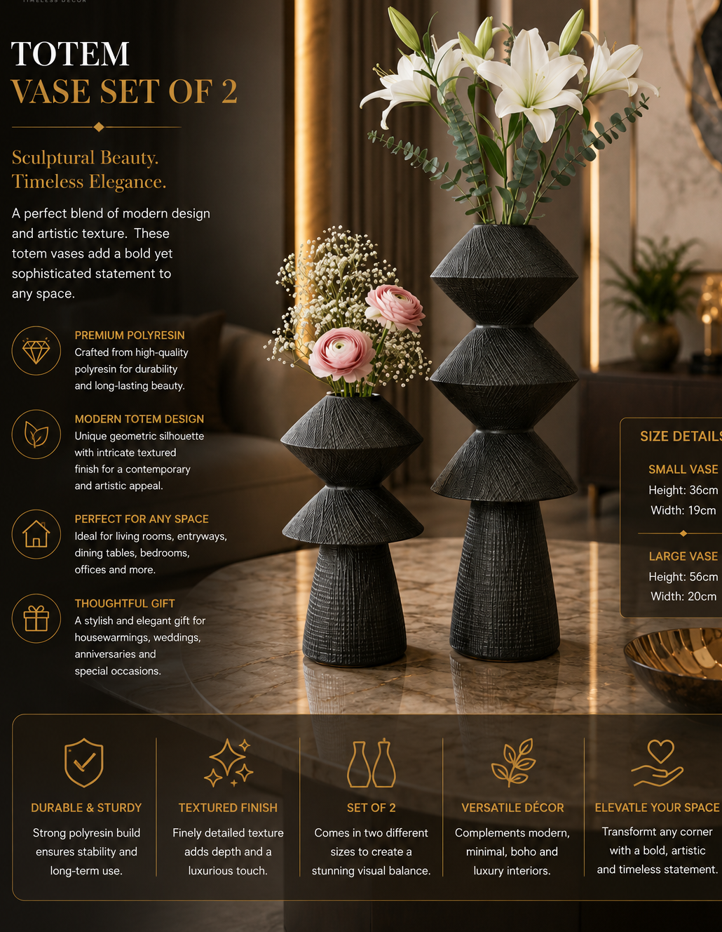 Sculptural Totem Black Polyresin Vase Set of 2